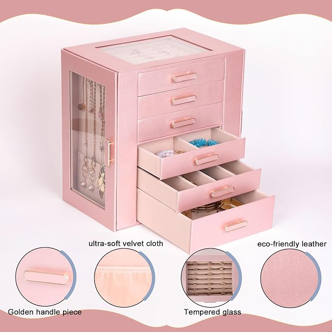 BOOVO Clear Lid Jewelry Box,6 Layers Jewelry Organizer Large Jewelry Storage Box with 6 Drawers,Jewelry Holder Organzier of Rings Earrings Necklace Bracelets for Women (Rose Gold, 6 Layer) - Image 2