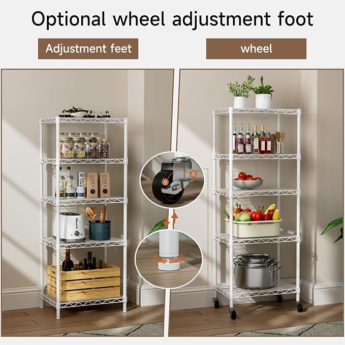 Golpart Small 5 Tier Shelves Storage Wire Shelving Unit Metal Shelf Adjustable Organizers Storage Shelving with Wheels for Bathroom Laundry Room Kitchen Pantry11.7”D x 17.7”W x 57.2”H White - Image 5
