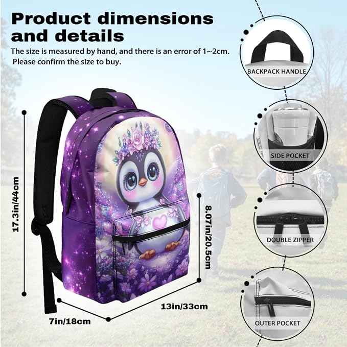 Cute Penguin Elementary School Backpack for Girls, Purple Girls Bookbag with Lunch Box, 4 Piece 17" Kids Bookbag Set with Lunch Box, Pencil Pouch & Leak-Proof Water Bottle Sleeve - Image 3