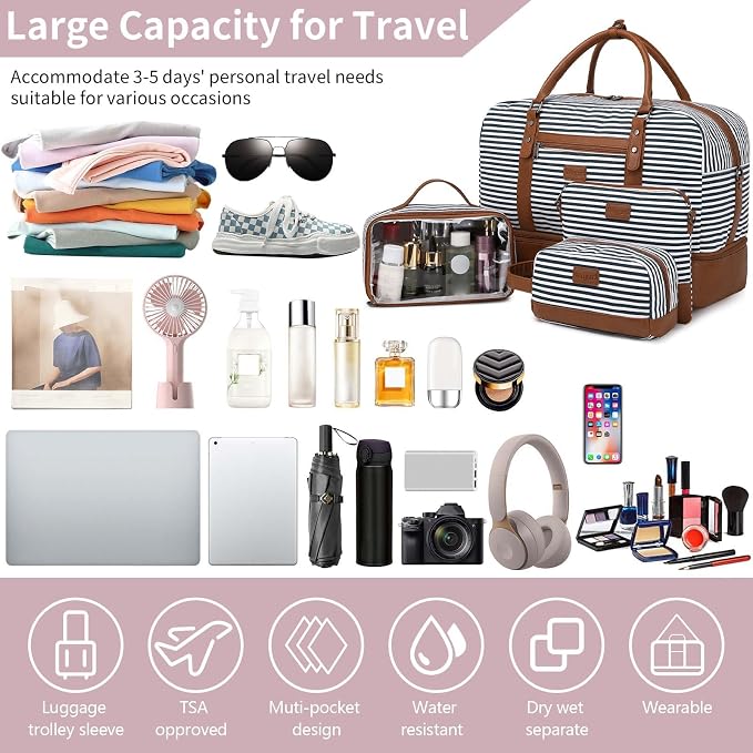 Wogarl 4PCS Weekender Bags for Women Large Overnight Weekend Travel Duffel Carry on Shoulder with Shoe Compartment Canvas Toiletry Bag for Travel Business Gym - Image 6
