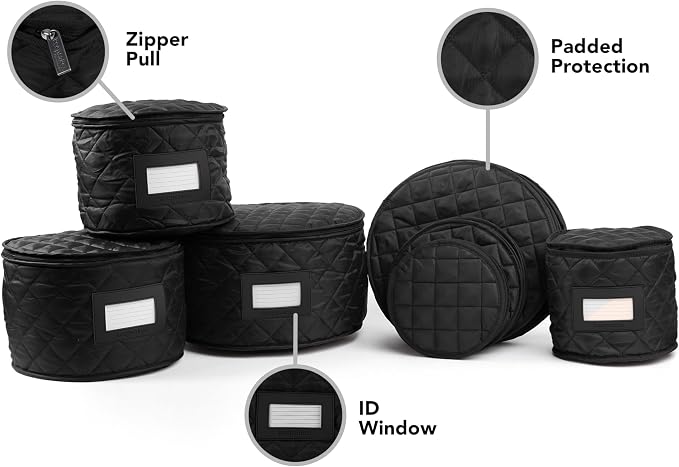 Covermates Keepsakes Dish Storage Set – Padded China & Dinnerware Storage Cases with Dividers, Cup & Stemware Storage, Quilted Polyester Protection, ID Window, Black - Image 2