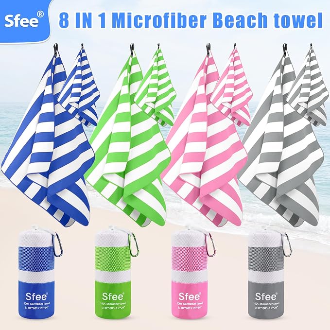 Sfee 4 Pack(8Pcs) Microfiber Travel Towel, Beach Towel Quick Dry Towel Camping Towel Super Absorbent Compact Lightweight Sports Towel Gym Towel Set for Beach, Gym, Hiking, Pool, Backpacking, Yoga - Image 2