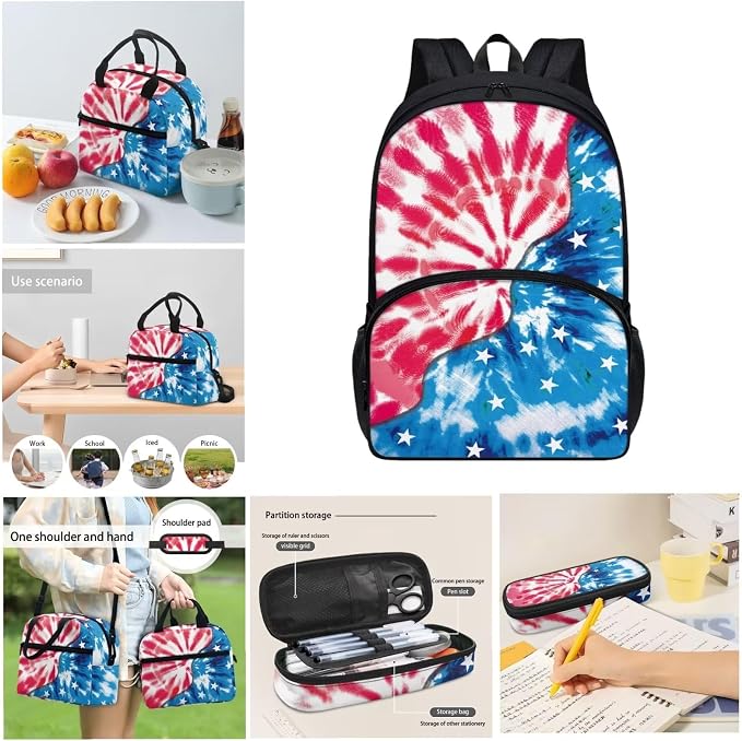 Tie Dye American Flag Backpack with Lunch Box and Pencil Case Girls Comfy Padded Cute School Backpack Set of 3 Bookbag for Student Lightweight Large Capacity Daypack - Image 4