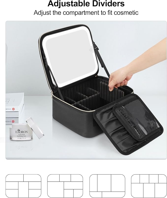 Chomeiu Makeup Bag with LED Mirror, Travel Makeup Case for Women and Makeup Artists Cosmetic Organizer Large Make Up Bags with Light Up Mirror, 3 Color Lights, Adjustable Dividers and Brush Holder - Image 4