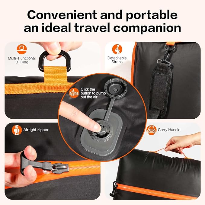 Travel Vacuum Bags with Shoulder Strap & Built-in air pump – IP67 Waterproof Vacuum Seal Reusable 22L Carry-On Compression Bags for Clothes, Suitcase & Luggage(1-Pack,Black) - Image 7