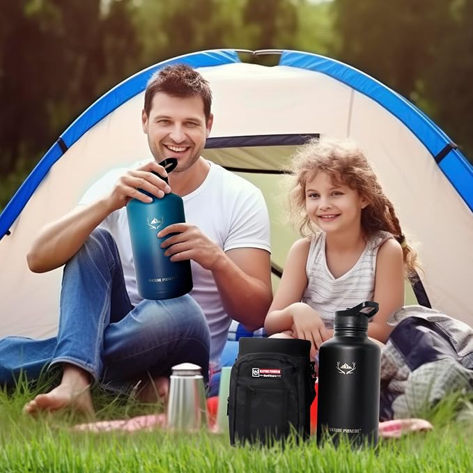NATURE PIONEOR 64 oz Insulated Water Bottle with Carrier Bag & 3 Lids | 18/8 Food-grade Stainless Steel, Double Vacuum Insulation, 3 Leak-proof Lids, Strap, Camping, Hiking, Gym, Work - Image 7