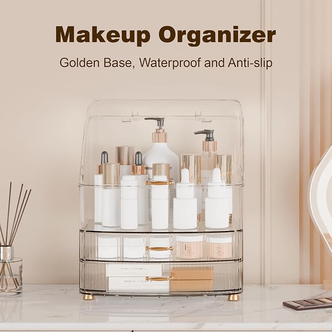 Makeup Organizer Countertop Vanity with Transparent Lid Drawers Waterproof Dustproof Cosmetic Skincare Bathroom Storage Gift for Women Teens Girls (Clear Whtie) - Image 2