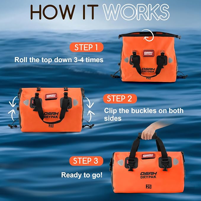 OSAH DRYPAK Waterproof Duffel Bag - Motorcycle Dry Bag Tail Bag with Large Storage Space, Waterproof Luggage Duffle Bags with Outer Mesh Zipper Pocket for Camping, Kayaking, Fishing & Traveling - Image 5