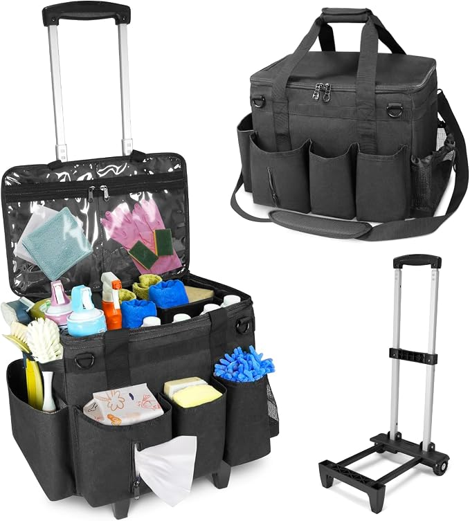LIWSHWZ Large Rolling Cleaning Caddy Bag with Detachable Trolley & Lid,Cleaning Supplies Organizer on Wheels with Multi Pockets for Cleaning Tools Storage,Housekeepers, Black by LIWSHWZ