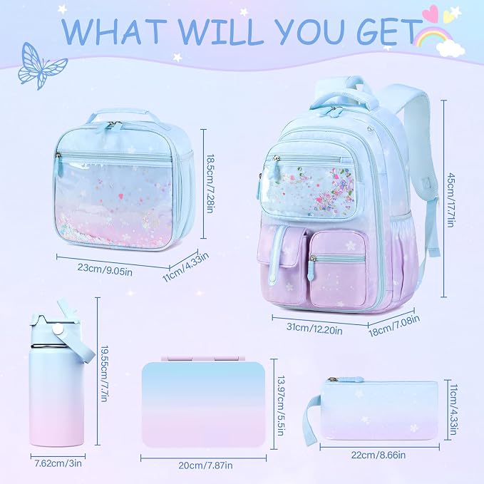 ACESAK Kids Backpack for Girls, Mermaid Backpack with 43OZ Lunch Box & 14OZ Water Bottle, Lunch Bag Set for School, Girls Bookpack for Elementary Middle school Teen Student(Blue Purple) - Image 2
