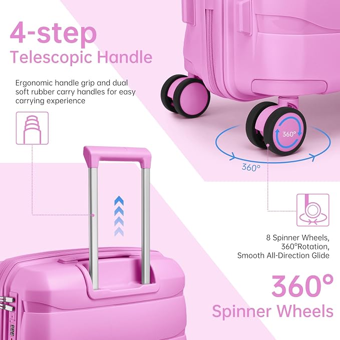 Carry On Luggage 22x14x9 Airline Approved, 22 Inch PP Hardshell Luggage Carry-on Suitcase with Spinner Wheels, Carry On Suitcase Set for Women (Hot Pink) - Image 3