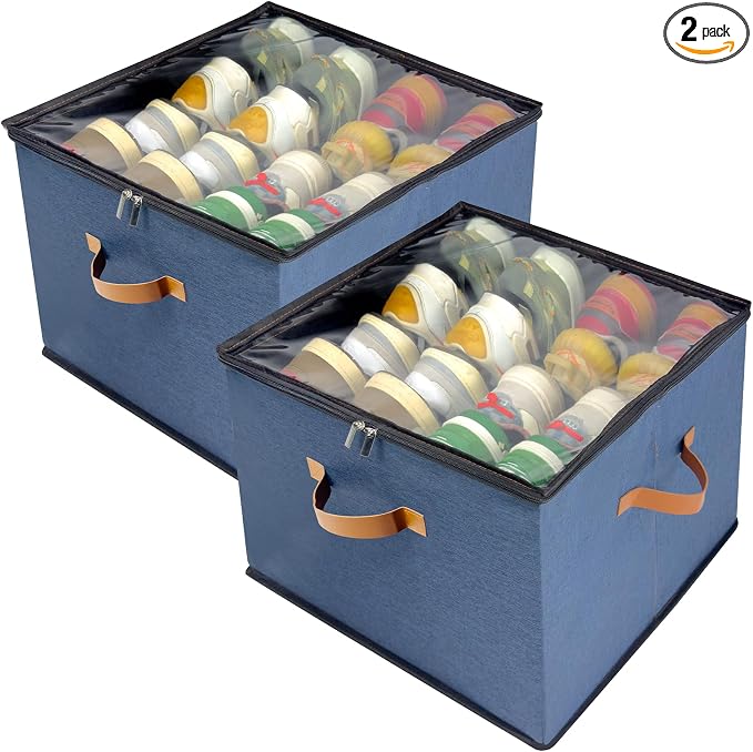 Shoe Organizer for Closet, 2 Pack Shoe Storage Bins with Clear Cover, Adjustable Dividers Fits 16-32 Pairs ShoeBoxes, Organizador de Zapatos, Navy Blue by Vexalora