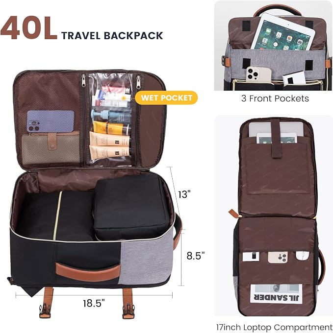 LOVEVOOK 40L Large Travel Backpack for Women, Flight Approved, Waterproof, TSA Compliant, Fits 17.3'' Laptop, 17 Pockets, 3 Packing Cubes - Image 2