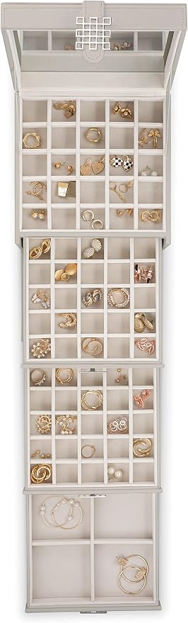 Glenor Co Earring Organizer Holder - 75 Small & 4 Large Slots Classic Jewelry Box with Drawer & Modern Closure, Mirror, 4 Trays Earrings, Ring or Chain Storage - PU Leather Case - Grey - Image 3