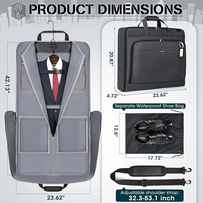 RAINSMORE Garment Bags for Travel Carry On Garment Bag for Hanging Clothes, Suit Bag for Business Trips with Shoes bag & Shoulder Strap, Waterproof Foldable Suit Luggage Bag for Men Women, Gray - Image 4