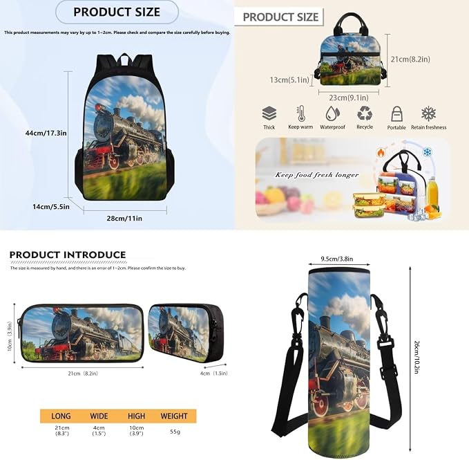 School Backpack Set Include Insulated Lunch Bag and Pencil Box and Water Bottle Bag, Train Print 4 Pcs School Bookbag Outdoor Travel Bags Casual Daypack for Teens Kids - Image 7