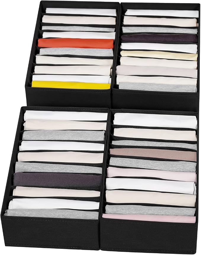 4 Packs T-shirt Drawer Organizers for Clothing,10 Grids Compartment Wardrobe Storage Box, Washable Clothes Organizer for Folded Clothes, T-shirt, Legging-Black by Coorganisers