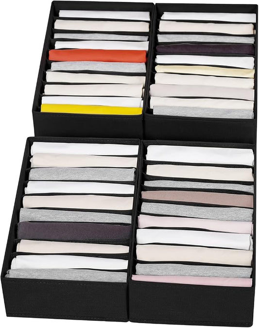 4 Packs T-shirt Drawer Organizers for Clothing,10 Grids Compartment Wardrobe Storage Box, Washable Clothes Organizer for Folded Clothes, T-shirt, Legging-Black by Coorganisers
