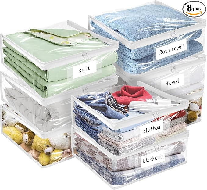 Plastic Storage Bags with Easy-Glide Zipper, Pack of 8, Durable Clear Vinyl Zippered Storage Bags for Clothes Sweaters Comforters Blankets Sheets Bedding (10.5 x 10.5 x 2.5 Inch, White) by Kikerike