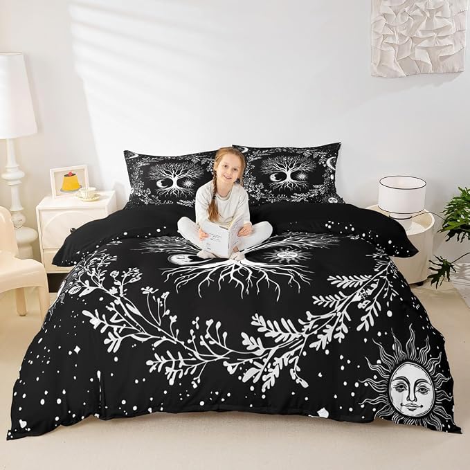 Erosebridal Tree of Life Bedding Set Sun and Moon Comforter Cover Queen Kids Teens Bedroom Decor Black and White 3 Pcs Duvet Cover Gothic Bohemian Flower Bedding Galaxy Stars Constellations Bedspread - Image 4