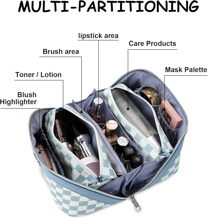 BOYATU Travel Makeup Bag Organizer Cosmetic Bag: 3 Pcs Set Make up Bags for Women with Handle - Waterproof Vegan Leather Toiletry Bag (01-G-Blue) - Image 4
