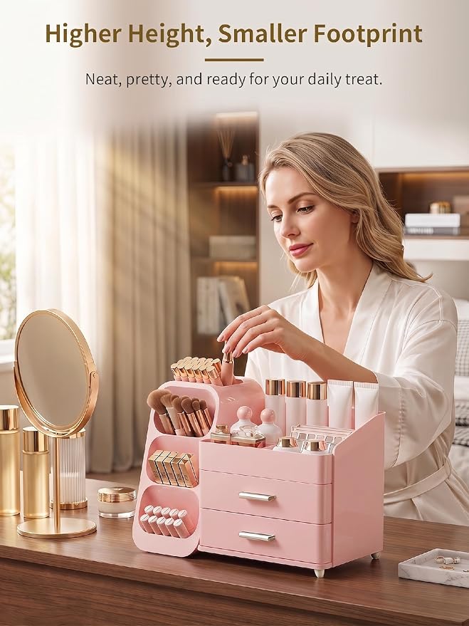 Booklov Large Makeup Organizer for Vanity and Bathroom Countertop, Pink | Plastic Cosmetic Display Case with Drawers, Beauty Brush Holder for Dresser Counter Skin Care Eyeshadow Lipstick Storage - Image 5