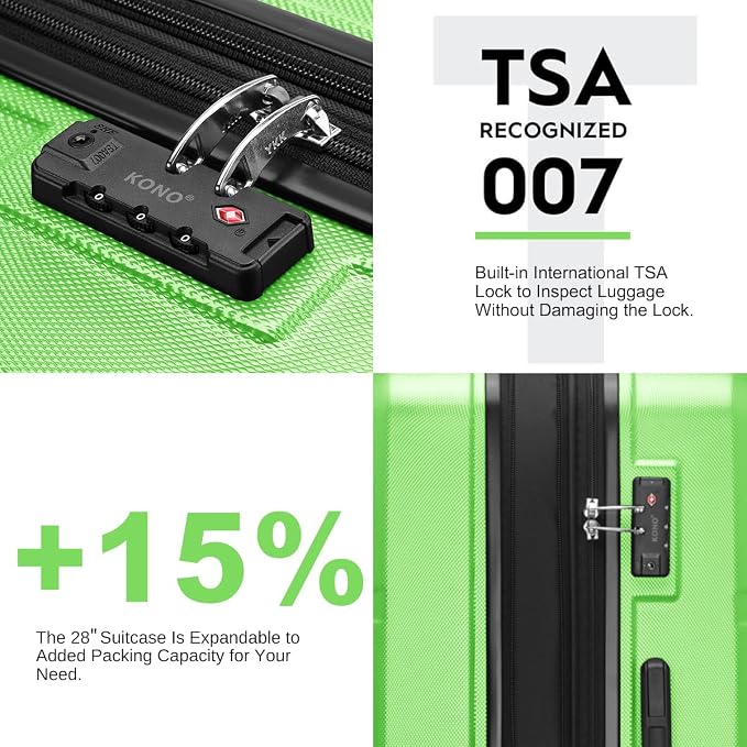 Kono 4 Piece Luggage Sets Expandable(only 28") with Spinner Wheels TSA Lock | Lightweight PC+ABS Hardside Travel Rolling Suitcases 20in 24in 28in Carry on and 12in Mini Cosmetic Case Apple Green - Image 3
