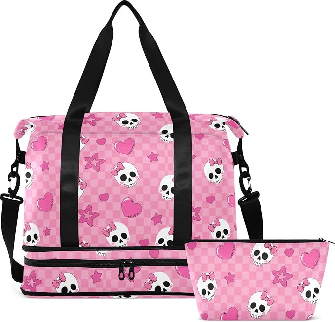 Travel Duffel Tote Bag Pink Skull Girl Sports Duffel Bag with Wet Pocket Weekender Overnight Bag for Women Men Gym Bag, Carry On Bag Hospital Bag for Labor and Delivery - Image 8