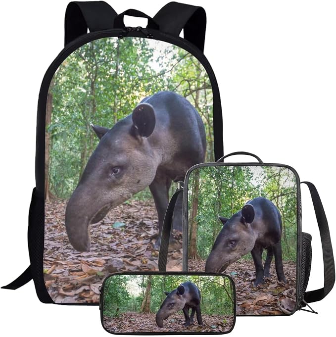 Kids Novelty Animal Backpack and Lunch Box for Boys Girls Student Lightweight 17 Inch School Baird’s Tapir Backpack with Lunch Bag Pencil Case Kids Comfy Padded Black Large Bookbag by Parprinty