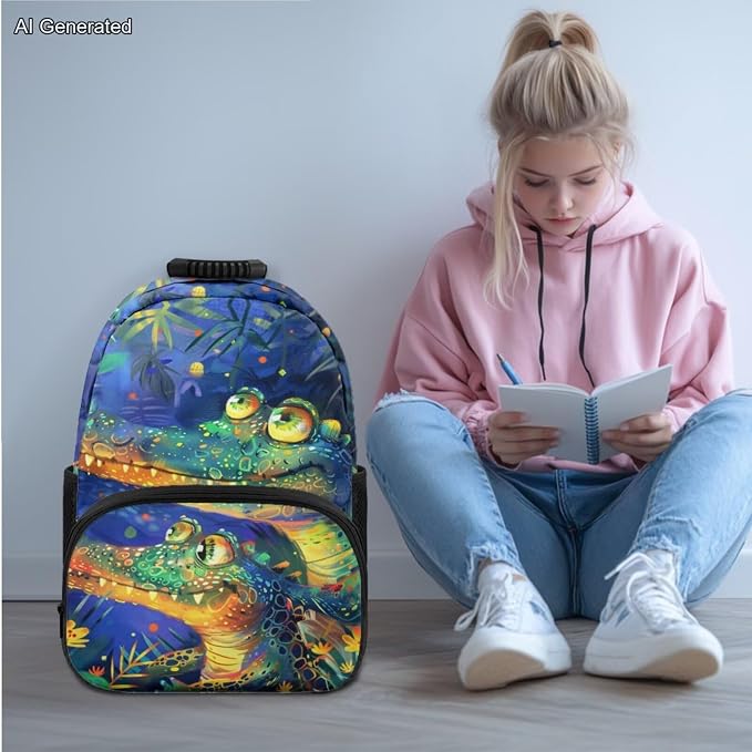 Cute Crocodile Kids Backpack Set of 4 with Lunch Bags Box Pencil Pouch For Boys Age 6-10 4Th 5Th 6Th Grade Water Bottle Holder Preschool Kindergarten Primary School Cute Kawaii Bag 17 inch - Image 2