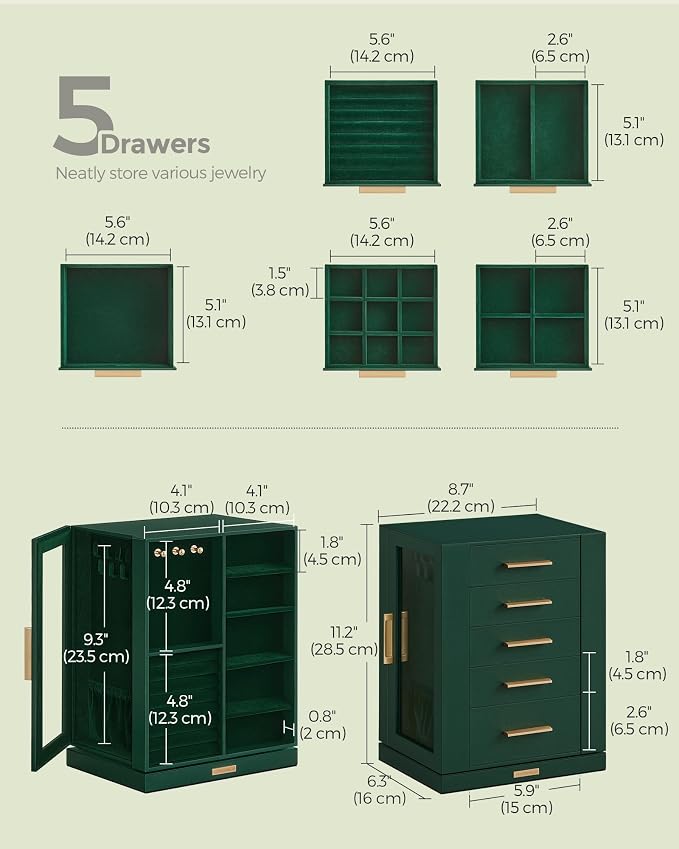 SONGMICS GISELLA Collection - Jewelry Box Organizer 360° Rotating, Vertical Jewelry Storage Case with 5 Drawers, Glass Window, Spacious, Open Design, Great Gift, Forest Green UJBC170C01 - Image 4
