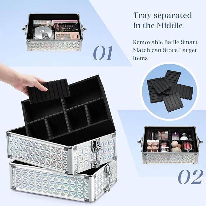 Stagiant Rolling Makeup Case Cosmetology Case on Wheels 4 in 1 Large Cosmetic Organizer Train Case Makeup Travel Case with Key Nail Artist Salon Storage Traveling Cart Big Trunk Shiny Silver - Image 4