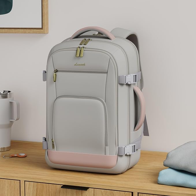 LOVEVOOK Travel Backpack for Women, 40L Carry On Backpack Flight Approved, TSA Personal Item Travel Bag Fits 17 Inch Laptop, Business Weekender Overnight Waterproof Daypack with 2 Cubes, Grey-Pink - Image 2