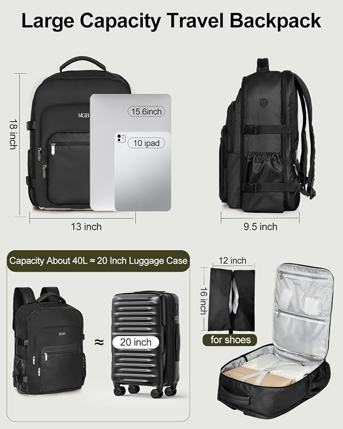 Travel Backpack for Women & Men, Carry On Personal Item Bag Flight Approved, Large Waterproof Laptop Backpack for Travel, Overnight, College & Commuting Black - Image 6
