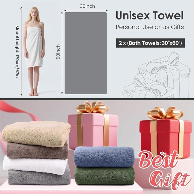 JML Microfiber Bath Towels Set of 2, 30 in x 60 in, Oversized, Ultra Soft, Super Absorbent, Fast Drying, No Fading Large Bathroom Towel Set for Sport, Travel, Fitness, SPA,Yoga (Coral Fleece - White) - Image 3