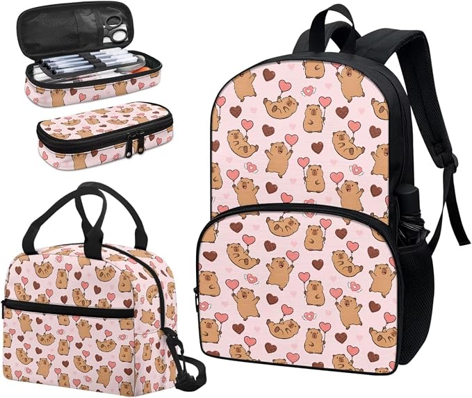 Capybara Heart 3Pcs Backpacks Set for school, Kids Bookbag Students Knapsack with Insulated Lunch Box Pencil Case for Teens Girls Girls - Image 6
