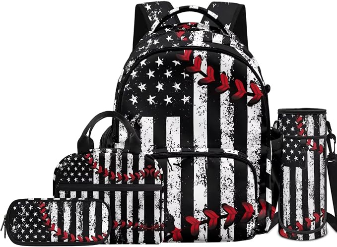 Backpack for Kids Boys 4 PCS School Bookbag with Lunch Box Pencil Pouch and Water Bottle Sleeve Pouch Set Lightweight Preschool Custom Baseball Print - Image 2