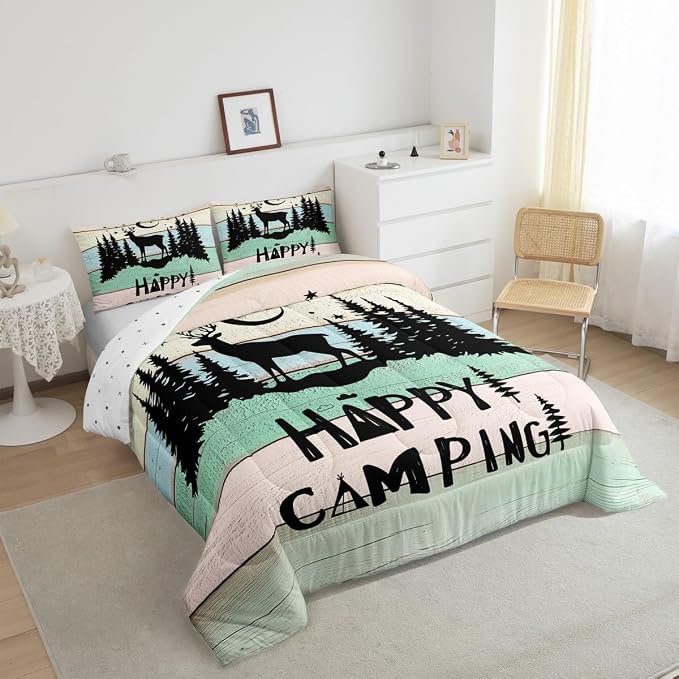 Camper Decor Quilt Bedding For Full Rustic Farmhouse Camping Comforter Set Woodland Animal Deer Rv accessories Bedding Sets Gifts For Teen Boys Girls Black Green Wooden Board Bunks Decor 2 Pillowcases - Image 3