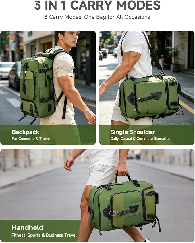 Travel backpack for men,40L Large Carry on Backpack Durable Convertible Duffle Bag with Shoe Compartment Fit for 16 Inch Laptop for travel, camping,Weekender Hiking Green - Image 2