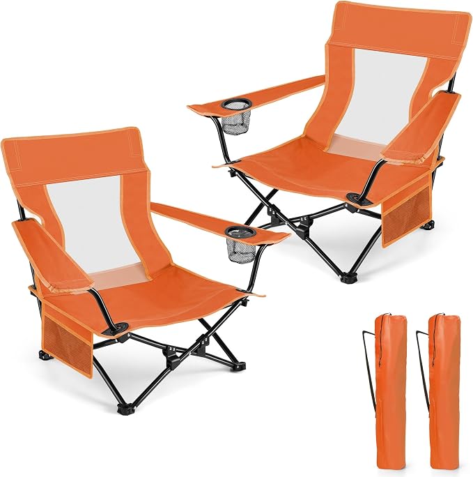 HaSteeL Folding Beach Chair Set of 2, Foldable Orange Camping Chairs for Outside, Low Beach Chair Portable for Adults Fishing, Picnic, Outdoor BBQ, Travel, Sports, Cup Holder & Storage Bag by HaSteeL