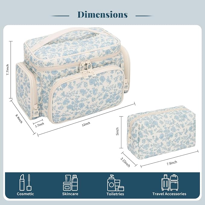 Makeup Bag Set, Travel Makeup Bag Organizer for Women Cute Floral Cosmetic Pouch Large Capacity with Makeup Brush Compartment, Cosmetic Travel Bag with Divider and Handle Toiletry Bag - Floral - Image 2