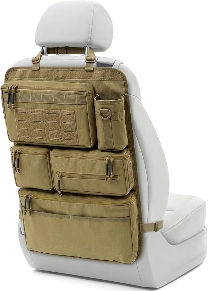 All in One Car Seat Back Organizer Fit Most Cars SUV Trucks Jeeps | Heavy Duty Molle Panel Seat Back Protector with Multi-Pockets Storage, for Tools, Toys, Camping, Travel, Daily Commuting by PITOZER