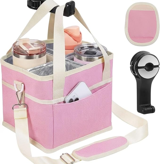 4 Water Bottle Holder with Strap - Multiple Tumbler Insulated Drink Carrier Tote Bag, Reusable Drink Family Size Caddy for Car, Delivery, Adjustable Dividers - 2 in 1 Car Seat Hook Set by ANTAND