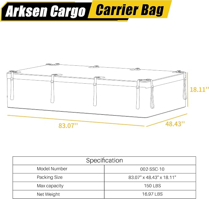 ARKSEN Extra-Wide 42 Cubic Feet Waterproof Rooftop Cargo Carrier Bag Heavy Duty Car Roof Rack Bag for Full-Size Cars w/ 8 Door Hook Straps +1 Combination Lock, 12 Reinforced Straps & Anti-Slip Mat - Image 7