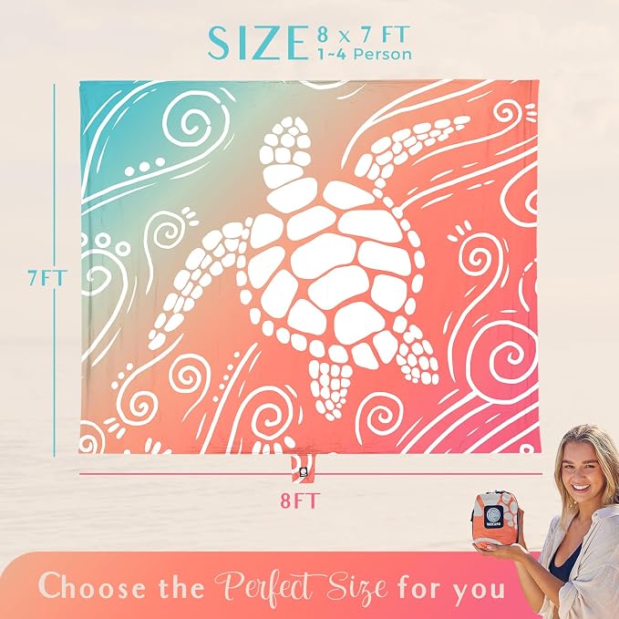 WEKAPO Beach Blanket Waterproof Sandproof Oversized Extra Large Sand Free Beach Mat with Stakes, Storage Bag - Essentials for Outdoor Beach, Picnic (Sea Turtle, 8 X 7 FT (1~4 Person)) - Image 3