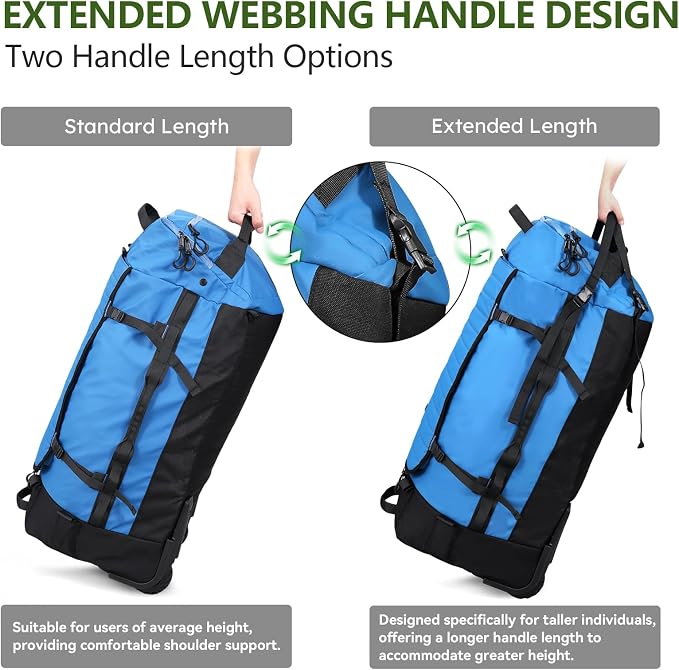 Vomgomfom 86L Foldable Duffle Bag with Wheels - Waterproof Rolling Travel Bag, Collapsible Luggage No Telescopic Handle, for Men Women Camping Sports Weekend Trips，Blue - Image 4