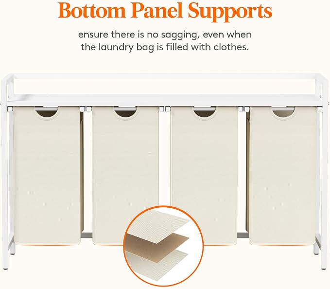 Lifewit Laundry Hamper 4 Section, 168L Pull out Laundry Clothes Basket Organizer with Large Top Shelf and 4 Removable Bags and Handles for Laundry Room Bedroom Bathroom, White with A Shelf - Image 5