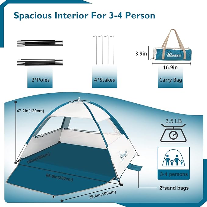 COMMOUDS Beach Tent Sun Shelter for 3/4/6/8 Person, UPF 50+ UV Protection Beach Shade Canopy Tent, Lightweight, Easy Set Up and Carry - Image 2