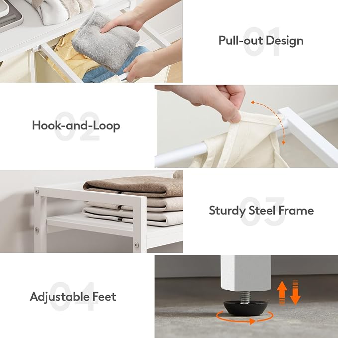 Lifewit Laundry Hamper 4 Section, 168L Pull out Laundry Clothes Basket Organizer with Large Top Shelf and 4 Removable Bags and Handles for Laundry Room Bedroom Bathroom, White with Shelves - Image 4