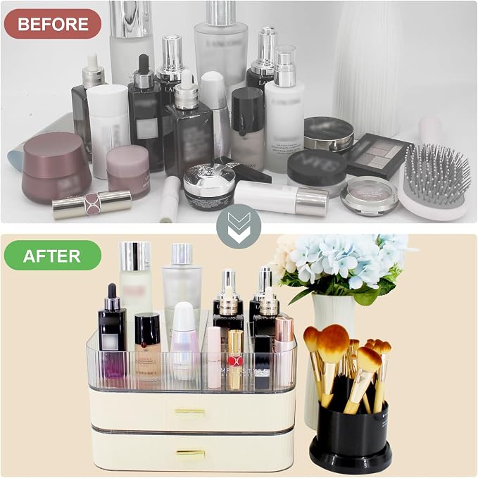 Makeup Organizer with 2 Drawers, Cosmetics Organizer for Bedroom and Bathroom Vanity Countertops, Large Capacity Cosmetic Storage Box for Skincare Cream Perfume Lipstick Dresser Counter-White - Image 3